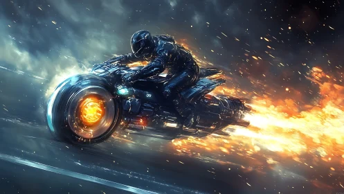 Cyberpunk velocity bike with incendiary plasma exhaust trail.