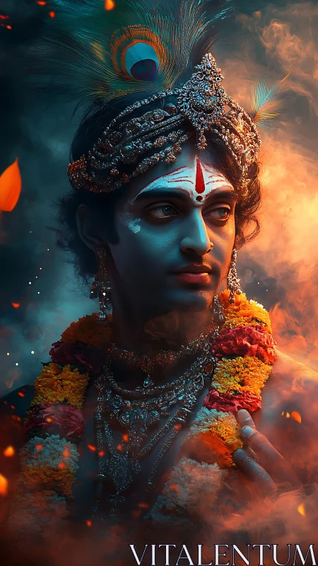 Portrait depicts adorned figure in peacock crown amid smoke