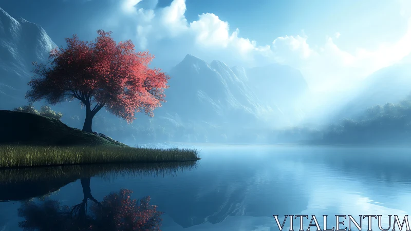 Crimson lakeside tree under soft blue alpine sunrise glow.