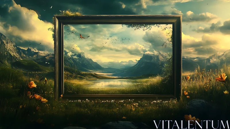 Framed mountain valley landscape merges with surrounding scene