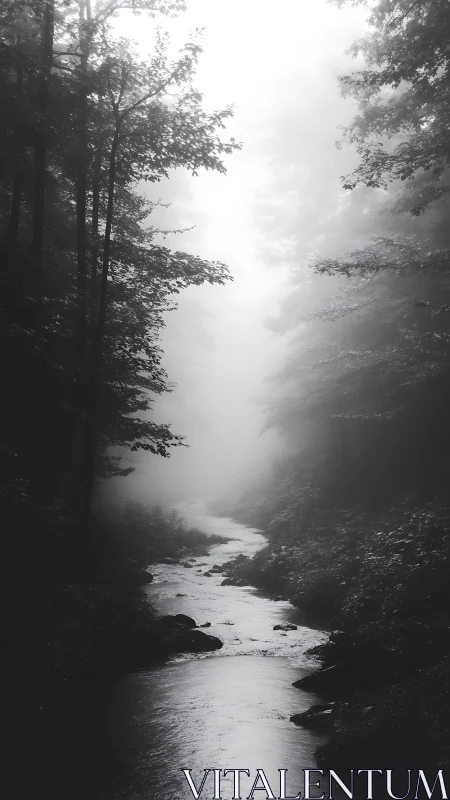 Misty Stream Whispers Through Ancient Woodland Silence.