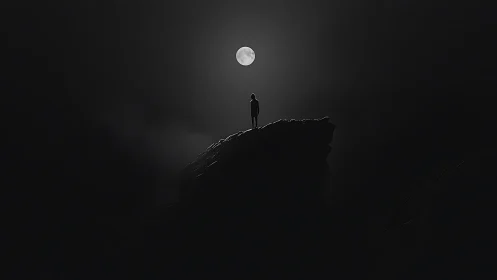 Solitary figure silhouetted against a high-contrast full moon