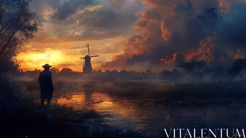 Solitary watcher by windmill under storm-lit sunset sky.
