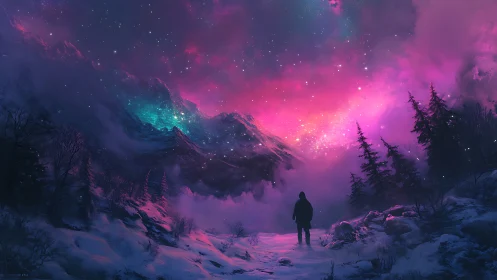 Solitary wanderer beneath luminous cosmic winter sky.