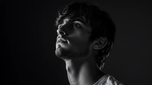 Side-lit portrait of young man in deep shadowed profile.