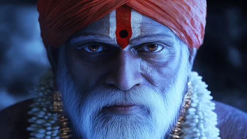 Mystic elder portrait with intense gaze and sacred tilak.