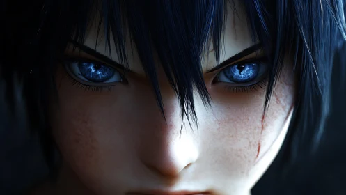 Intense anime portrait isolates crystalline blue warrior gaze