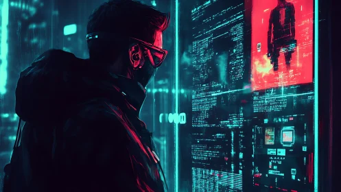 Cyberpunk hacker at neon data wall in futuristic cityscape.
