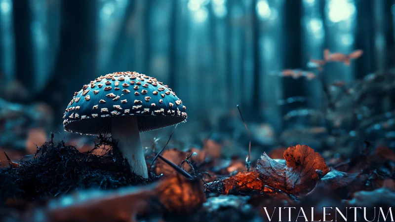 Midnight mushroom sentinel in a mist-laden autumn forest.