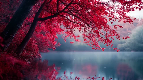 Crimson lakeside canopy inviting quiet moments by water.