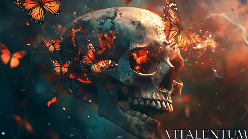 Eroded skull emits fiery butterflies through fractured cranial cavity