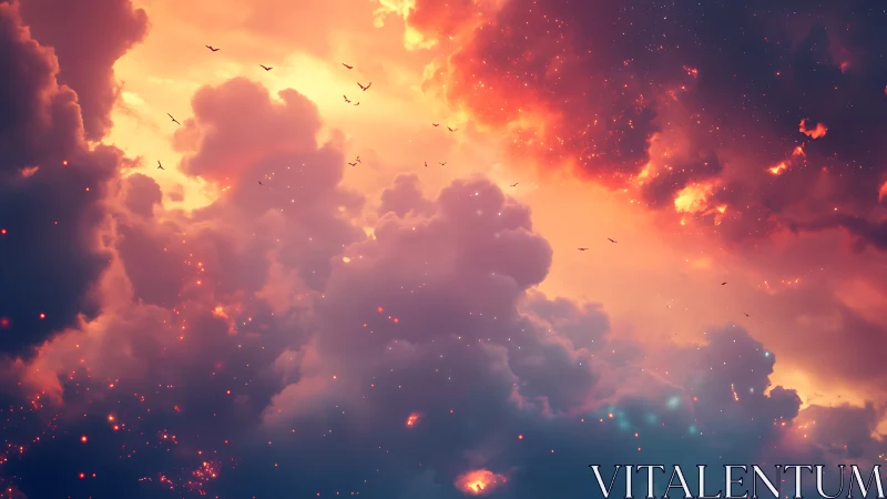 Dramatic sunset sky with glowing clouds and flying birds.