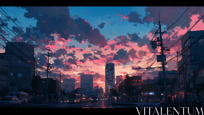 Urban dusk corridor with volumetric clouds and powerlines.