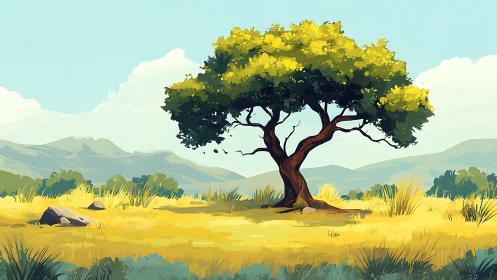 Sunlit meadow tree standing quietly in soft rolling hills.