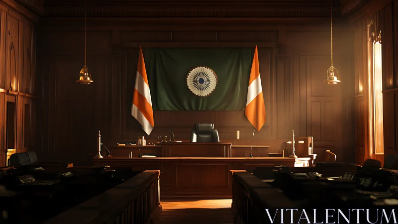 Warm sunlight drapes a dignified wooden courtroom in calm focus
