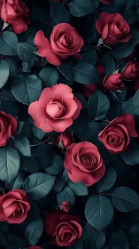 Crimson Roses Bloom Against Deep Teal Foliage.