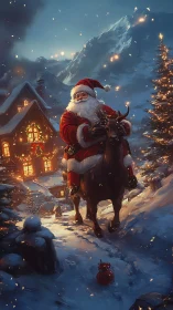 Snowy mountain visit from Santa and his glowing reindeer.