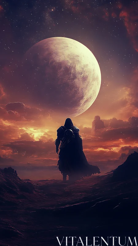 Hooded figure walks toward oversized moon in alien dusk sky