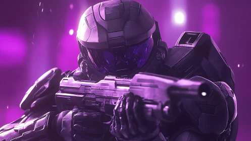 Armored sci-fi soldier aims modular rifle under magenta bokeh lighting