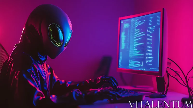 Alien figure coding at desktop in neon lit workspace.