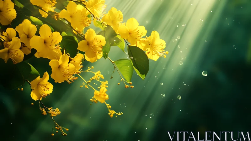 Sunlit Cascade: Yellow Blooms Dancing Through Emerald Mist