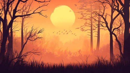 Ember-tinted forest dusk cradling a molten honey sun.