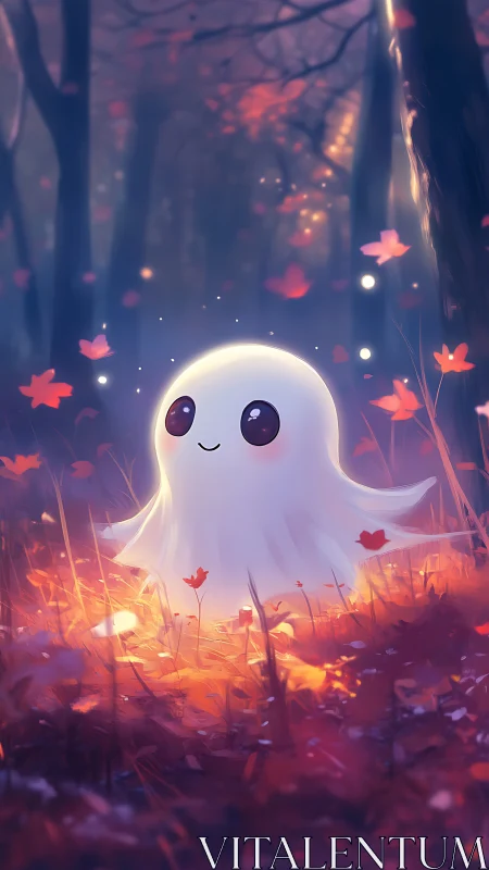 Gentle ghost glows happily in a dreamy autumn forest