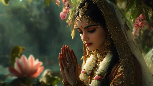Devotional portrait of ornate bride amid lotus garden light.