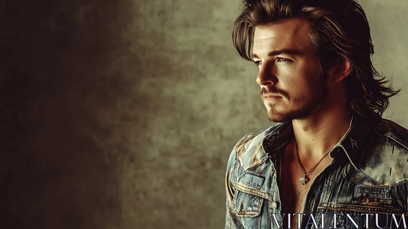 Brooding denim portrait captures rugged masculine allure.