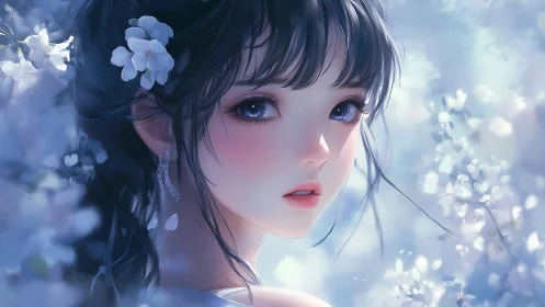 Girl with dark hair and flowers gazes softly into distance