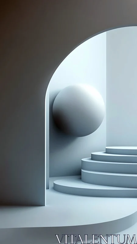 Curved stair structure and suspended sphere in soft lighting