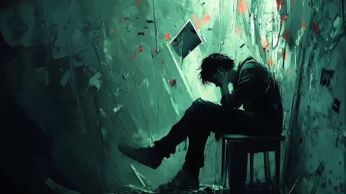 Solitary figure absorbs chaos in fractured emerald room.