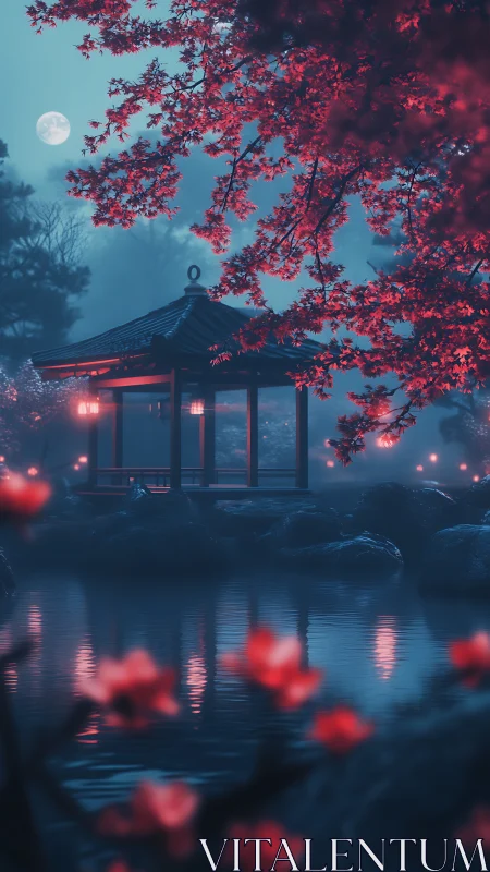 Moonlit lakeside pavilion framed by glowing crimson blossoms