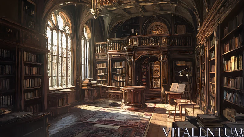 Sunlit baroque library interior renders warm chiaroscuro ambience