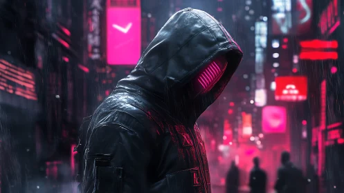 Neon hooded cipher stalks through rain-soaked cyber city