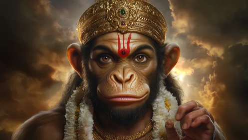 Photorealistic simian deity portrait with ornate gold crown.