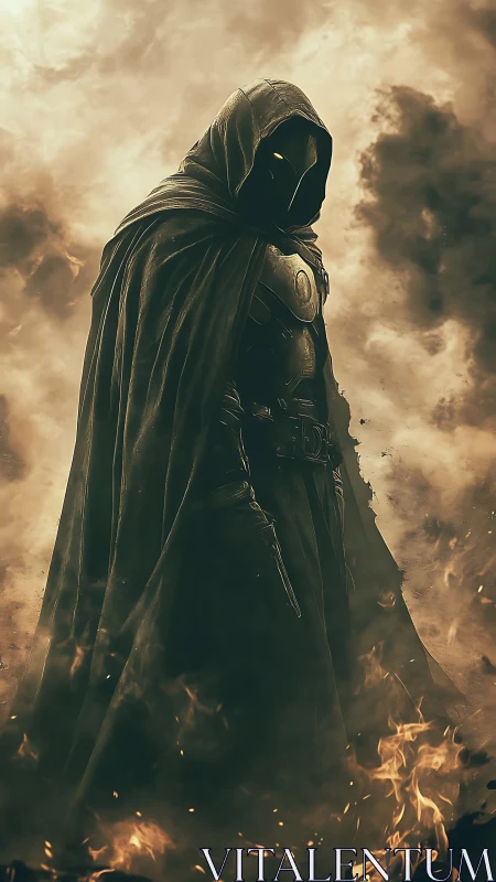 Cloaked cyber-knight emerging through incendiary atmospheric haze.