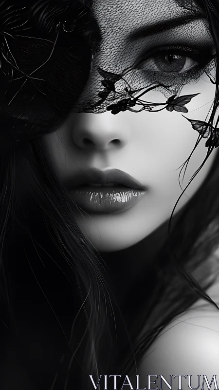 Monochrome female portrait with lace veil and high-gloss lips