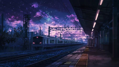 Twilight city train departs silent platform under violet sky
