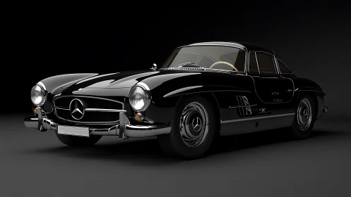 Black classic Mercedes-Benz coupe rendered against dark ground.
