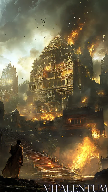 Monk watches burning mountain temple city under storm sky