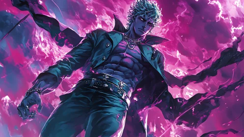 Storm-lit anime antihero amid swirling violet energy field.