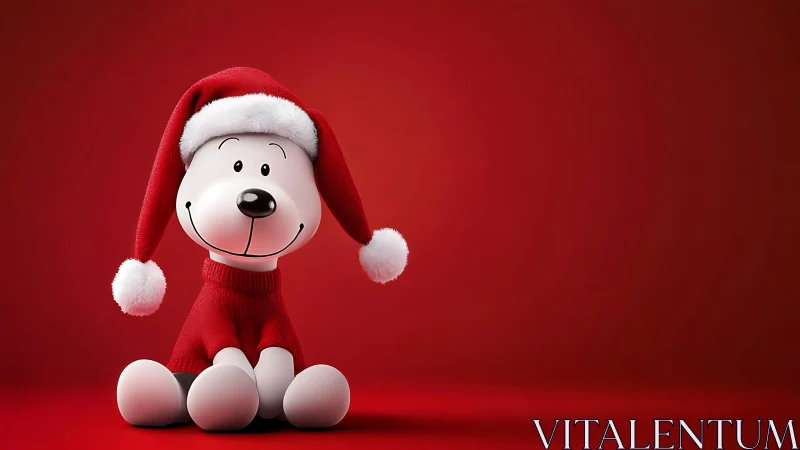 Cute cartoon dog in Santa outfit on red background.