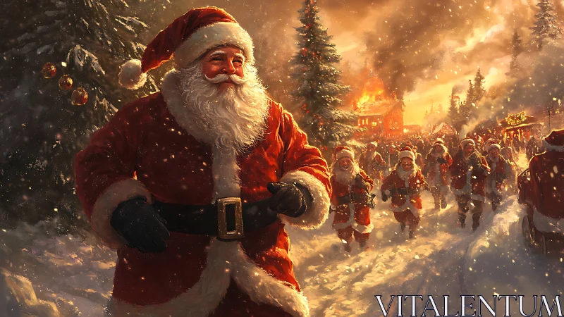 Santa leads a snowy march as Christmas village burns behind.