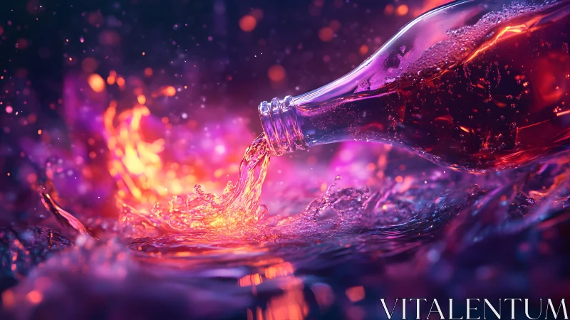 Vibrant soda bottle pouring with colorful neon splash, digital art.