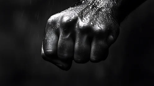 Closed fist with dramatic lighting and rain droplets