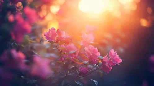 Pink flowers stand in sharp focus against bright sunset light