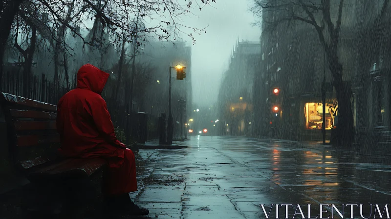 Solitary figure in red coat on rain-soaked nocturnal street.