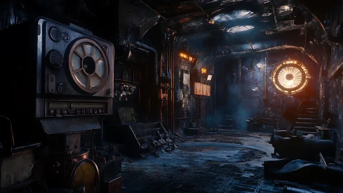 Rustic sci fi engine room with decayed industrial control panel.