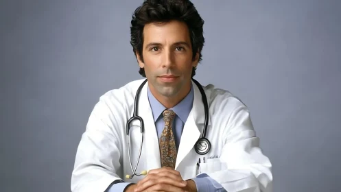 Calm doctor portrait with kind eyes and steady confidence.